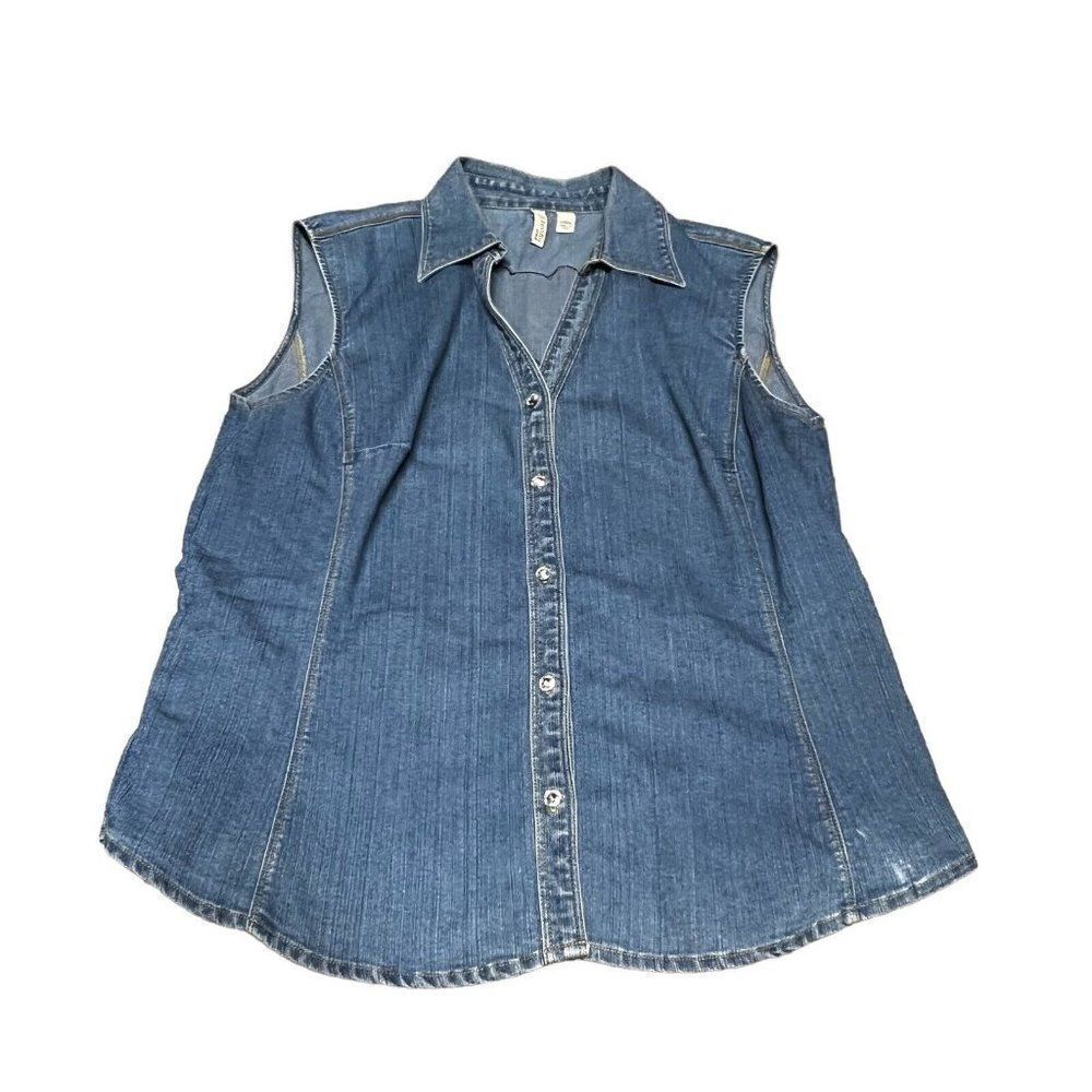 Harley Davidson Patch St Johns Bay  women's Sleeveless Jean Button Up Tank Shirt